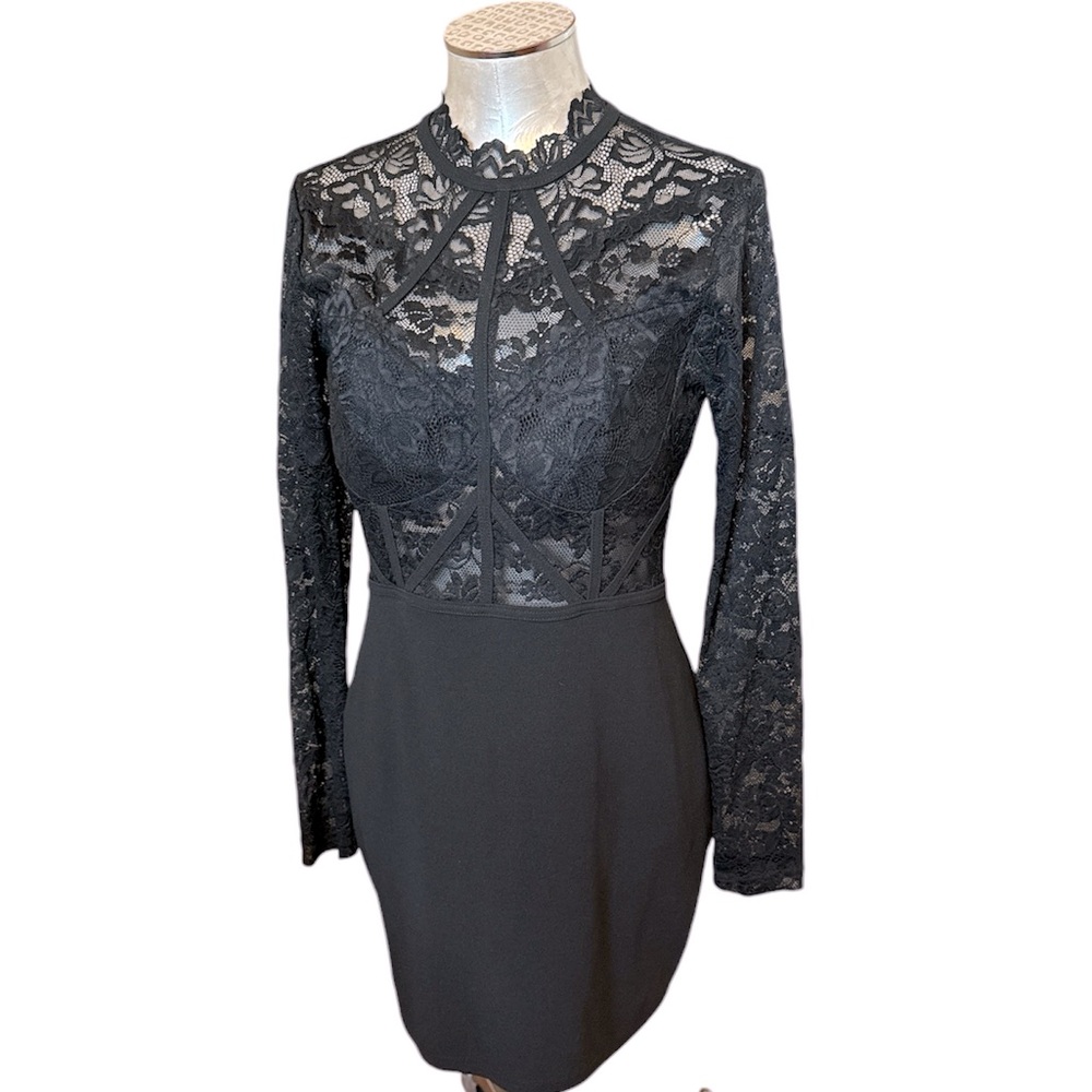 Privy Women’s Cocktail Lace Mini Black Fitted Dress Long Sleeves Like New Size …